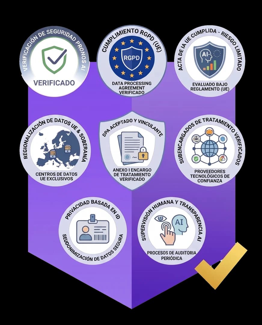 Verificaciones de seguridad y cumplimiento normativo de Pronos: RGPD, AI Act, DPA, datos en la UE, supervisión humana